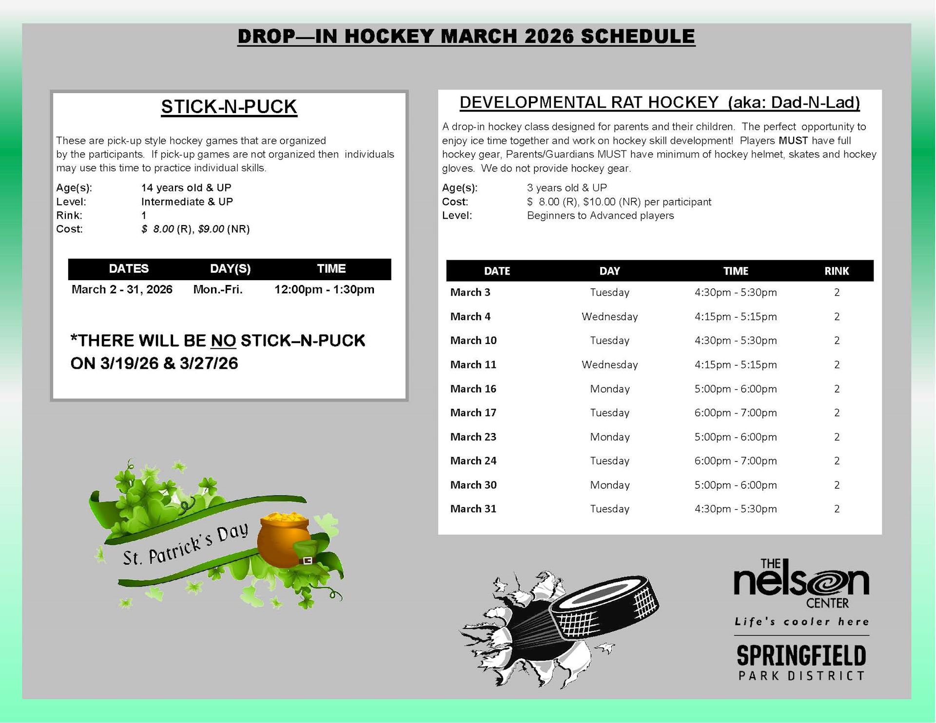 March Drop-In Hockey Schedule